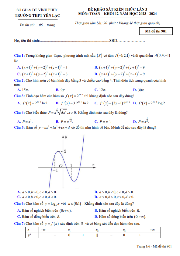 Đề khảo sát Toán 12 lần 3 năm 2023 – 2024 trường THPT Yên Lạc – Vĩnh Phúc
