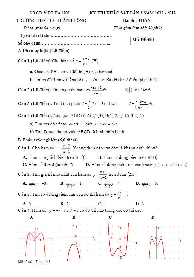 Đề khảo sát Toán 12 lần 3 năm học 2017 – 2018 trường THPT Lý Thánh Tông – Hà Nội