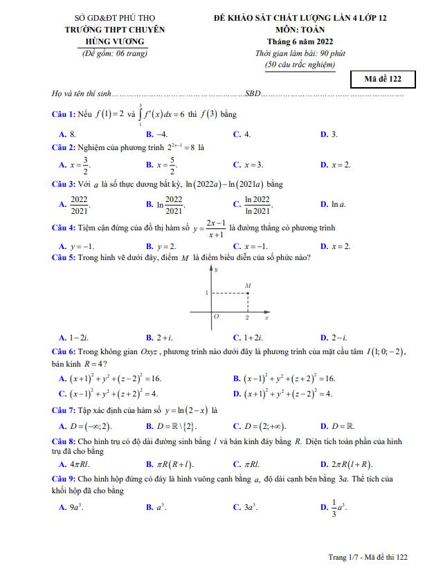 Đề khảo sát Toán 12 lần 4 năm 2022 trường chuyên Hùng Vương – Phú Thọ