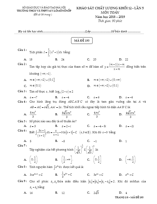 Đề khảo sát Toán 12 năm 2018 – 2019 trường M.V Lômônôxốp – Hà Nội lần 5