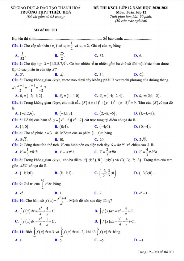 Đề khảo sát Toán 12 năm 2020 – 2021 trường THPT Thiệu Hóa – Thanh Hóa