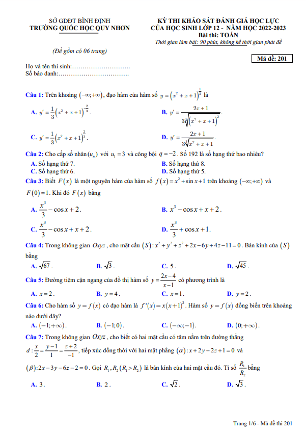 Đề khảo sát Toán 12 năm 2022 – 2023 trường Quốc Học Quy Nhơn – Bình Định