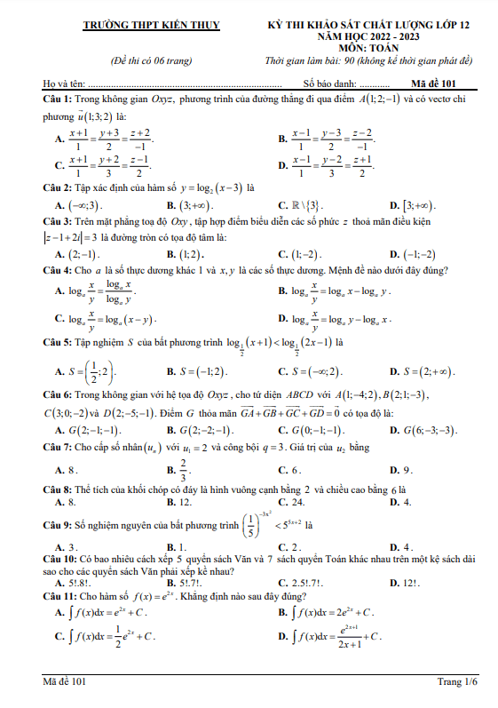 Đề khảo sát Toán 12 năm 2022 – 2023 trường THPT Kiến Thụy – Hải Phòng