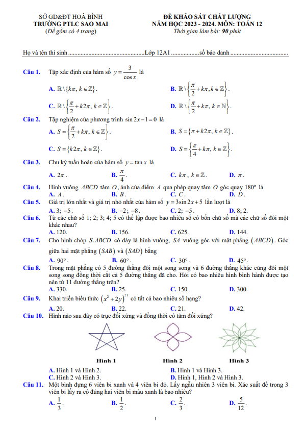 Đề khảo sát Toán 12 năm 2023 – 2024 trường PTLC Sao Mai – Hòa Bình