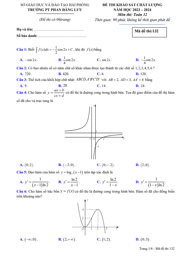 Đề khảo sát Toán 12 năm 2023 – 2024 trường THPT Phan Đăng Lưu – Hải Phòng