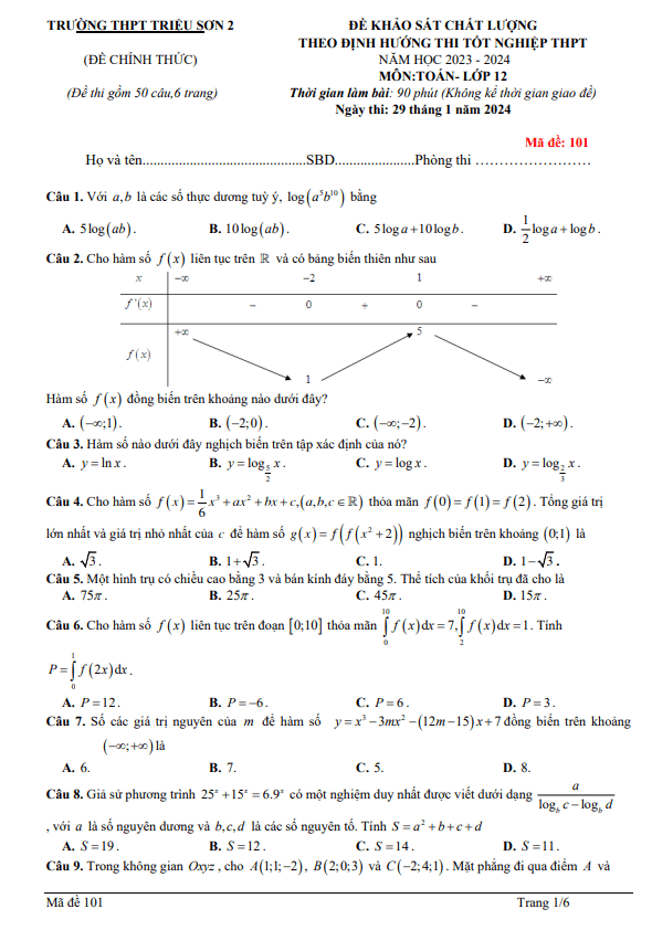 Đề khảo sát Toán 12 năm 2023 – 2024 trường THPT Triệu Sơn 2 – Thanh Hóa