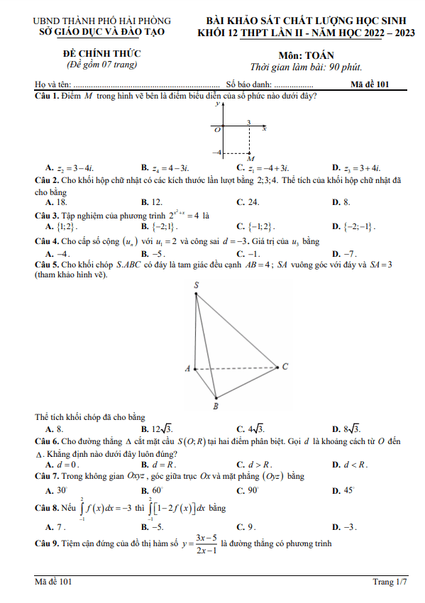 Đề khảo sát Toán 12 THPT lần 2 năm 2022 – 2023 sở GD&ĐT Hải Phòng