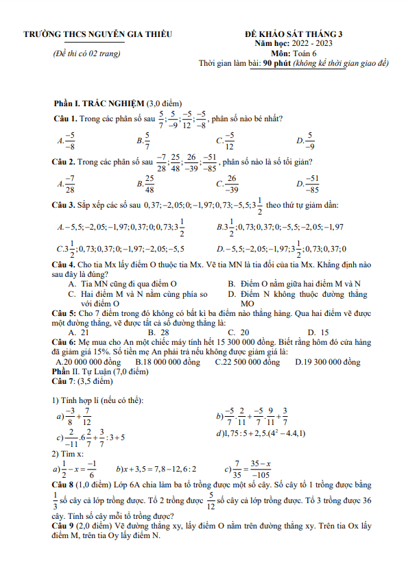 Đề khảo sát Toán 6 tháng 3 năm 2023 trường THCS Nguyễn Gia Thiều – Bắc Ninh