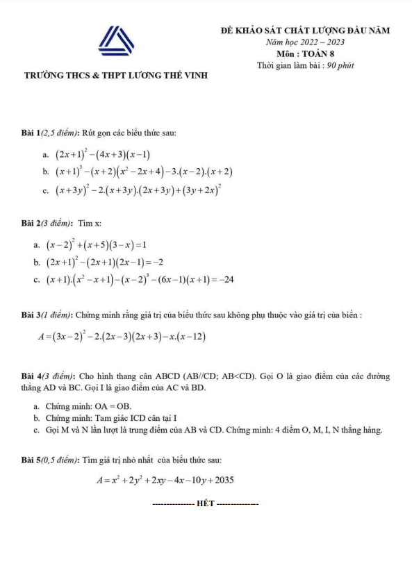 Đề khảo sát Toán 8 đầu năm 2022 – 2023 trường Lương Thế Vinh – Hà Nội