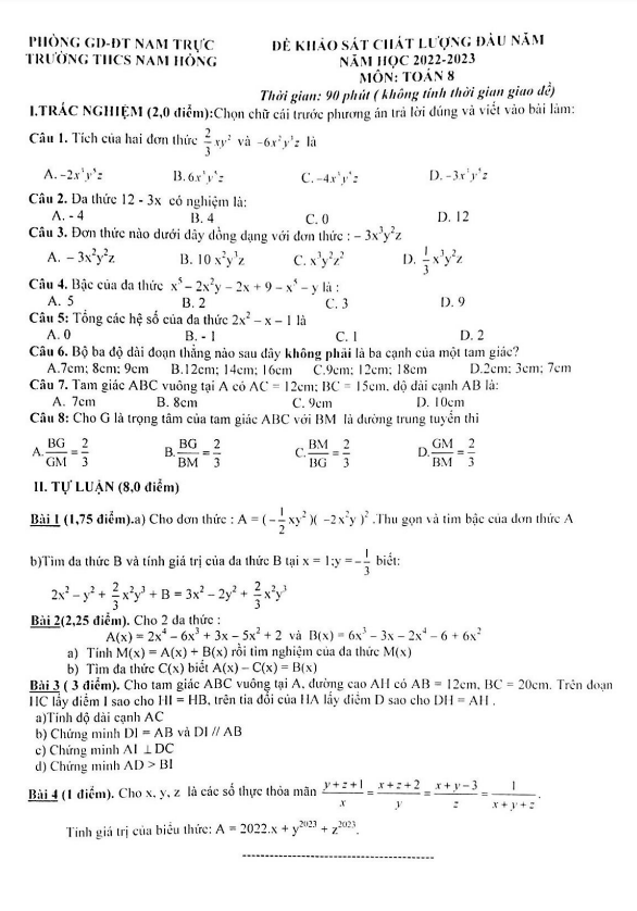 Đề khảo sát Toán 8 đầu năm 2022 – 2023 trường THCS Nam Hồng – Nam Định