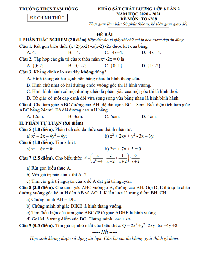 Đề khảo sát Toán 8 lần 2 năm 2020 – 2021 trường THCS Tam Hồng – Vĩnh Phúc