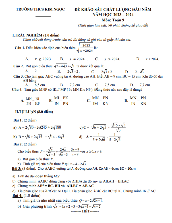 Đề khảo sát Toán 9 đầu năm 2023 – 2024 trường THCS Kim Ngọc – Vĩnh Phúc