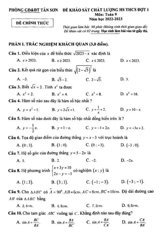 Đề khảo sát Toán 9 đợt 1 năm 2022 – 2023 phòng GD&ĐT Tân Sơn – Phú Thọ