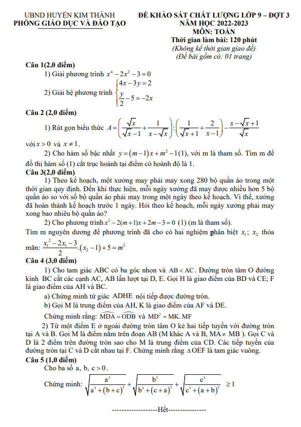 Đề khảo sát Toán 9 đợt 3 năm 2022 – 2023 phòng GD&ĐT Kim Thành – Hải Dương