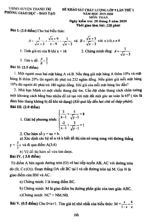 Đề khảo sát Toán 9 lần 1 năm 2019 – 2020 phòng GD&ĐT Thanh Trì – Hà Nội