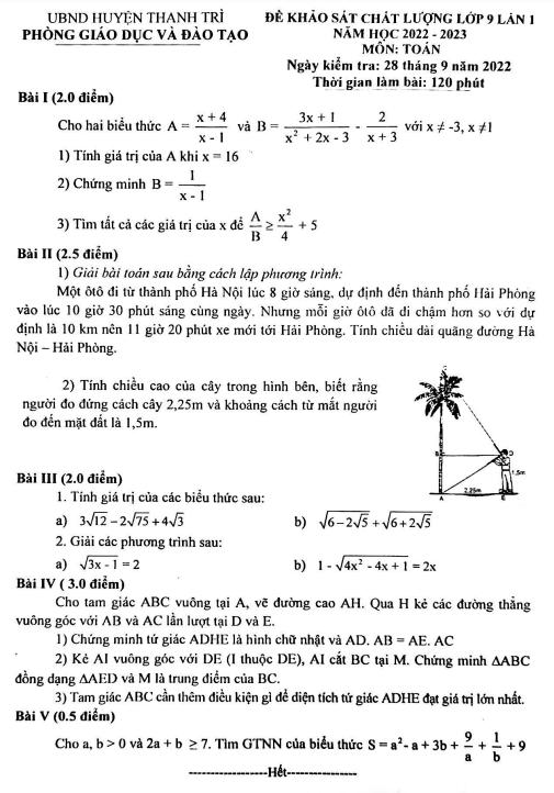 Đề khảo sát Toán 9 lần 1 năm 2022 – 2023 phòng GD&ĐT Thanh Trì – Hà Nội