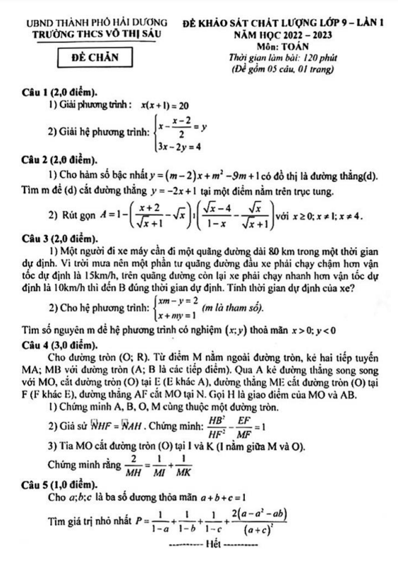 Đề khảo sát Toán 9 lần 1 năm 2022 – 2023 trường THCS Võ Thị Sáu – Hải Dương
