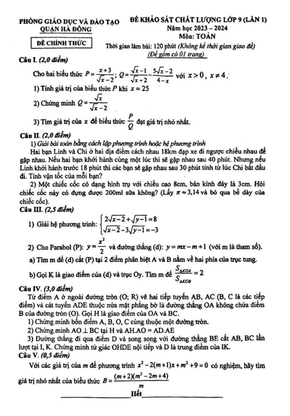 Đề khảo sát Toán 9 lần 1 năm 2023 – 2024 phòng GD&ĐT Hà Đông – Hà Nội