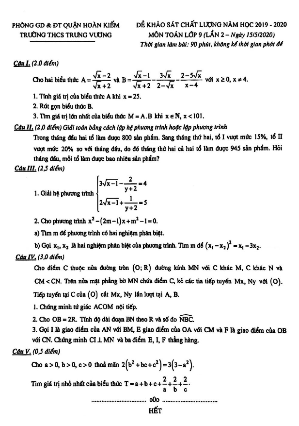 Đề khảo sát Toán 9 lần 2 năm 2019 – 2020 trường THCS Trưng Vương – Hà Nội