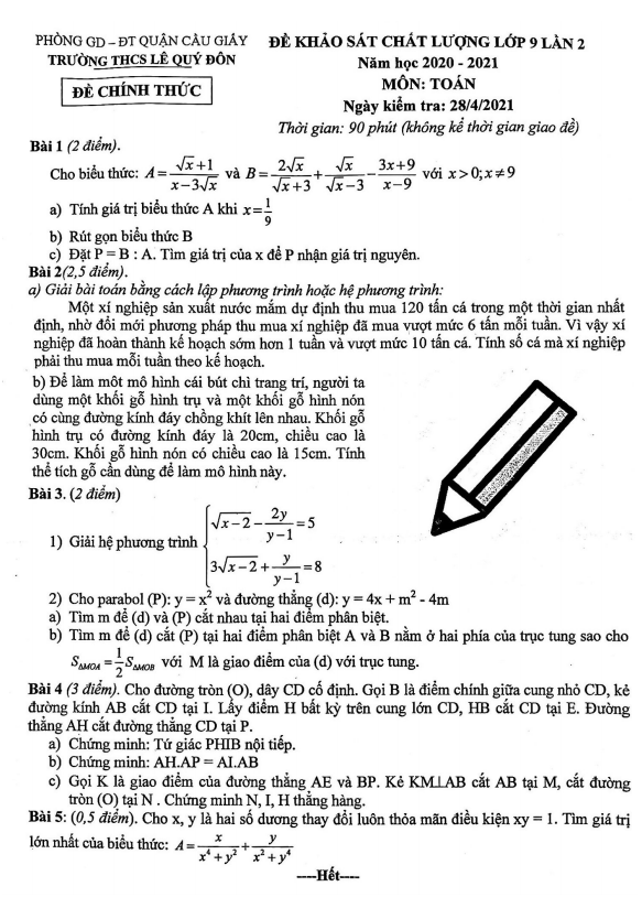 Đề khảo sát Toán 9 lần 2 năm 2020 – 2021 trường THCS Lê Quý Đôn – Hà Nội