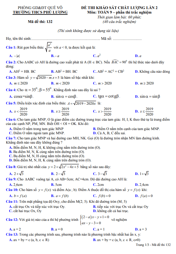 Đề khảo sát Toán 9 lần 2 năm 2020 – 2021 trường THCS Phù Lương – Bắc Ninh