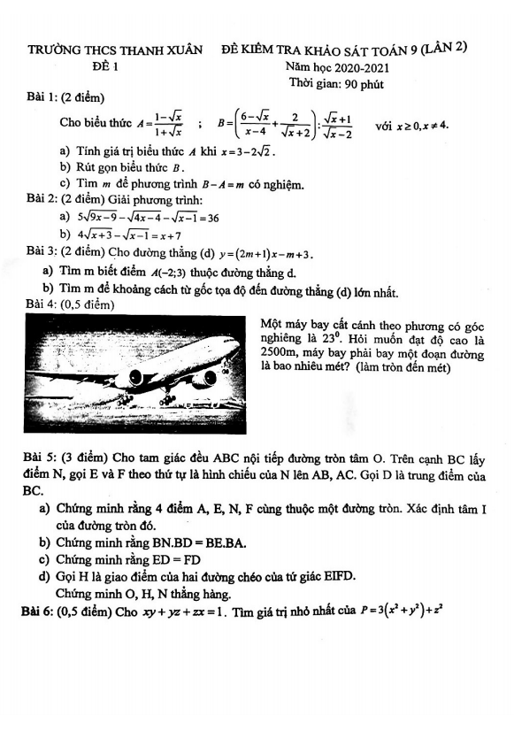 Đề khảo sát Toán 9 lần 2 năm 2020 – 2021 trường THCS Thanh Xuân – Hà Nội