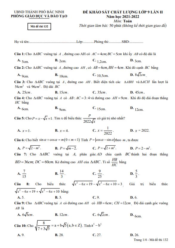 Đề khảo sát Toán 9 lần 2 năm 2021 – 2022 phòng GD&ĐT thành phố Bắc Ninh