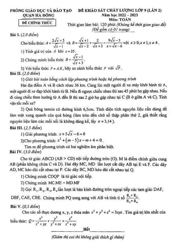 Đề khảo sát Toán 9 lần 2 năm 2022 – 2023 phòng GD&ĐT Hà Đông – Hà Nội