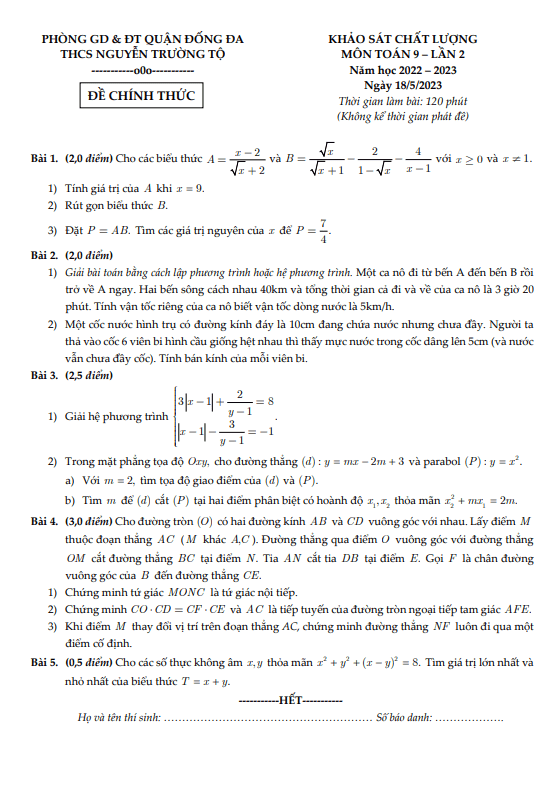Đề khảo sát Toán 9 lần 2 năm 2022 – 2023 trường THCS Nguyễn Trường Tộ – Hà Nội