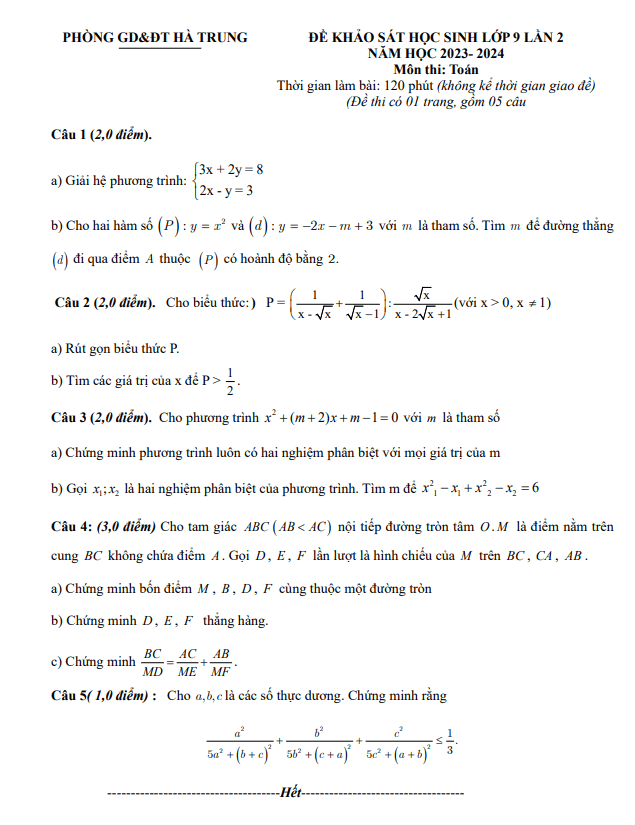 Đề khảo sát Toán 9 lần 2 năm 2023 – 2024 phòng GD&ĐT Hà Trung – Thanh Hóa