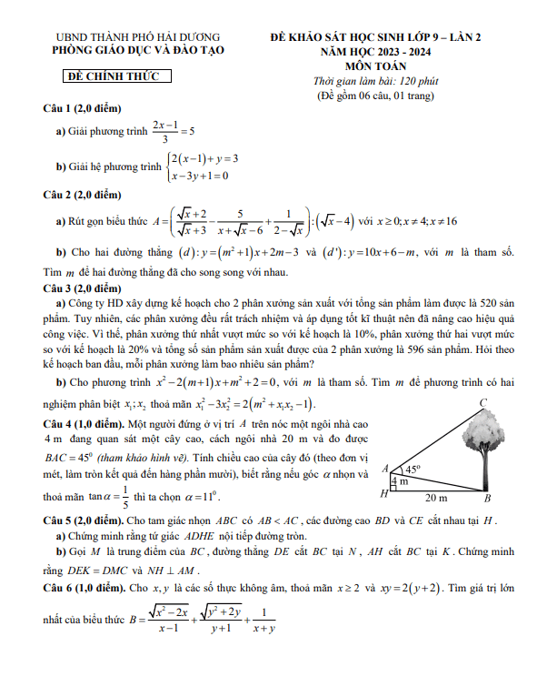 Đề khảo sát Toán 9 lần 2 năm 2023 – 2024 phòng GD&ĐT thành phố Hải Dương