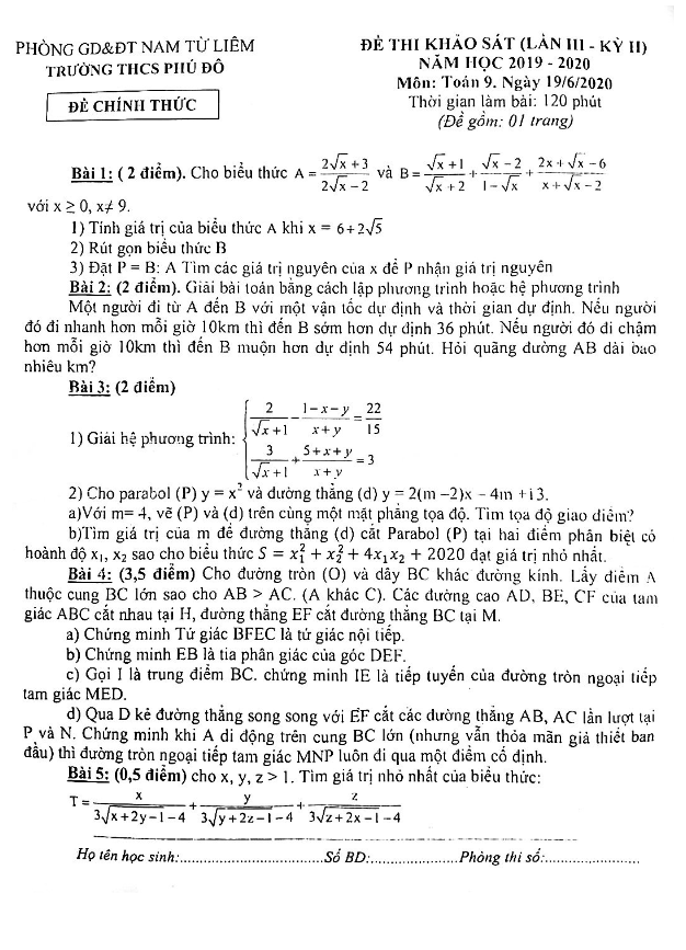 Đề khảo sát Toán 9 lần 3 kỳ 2 năm 2019 – 2020 trường THCS Phú Đô – Hà Nội