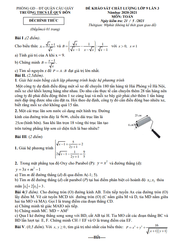 Đề khảo sát Toán 9 lần 3 năm 2020 – 2021 trường THCS Lê Quý Đôn – Hà Nội