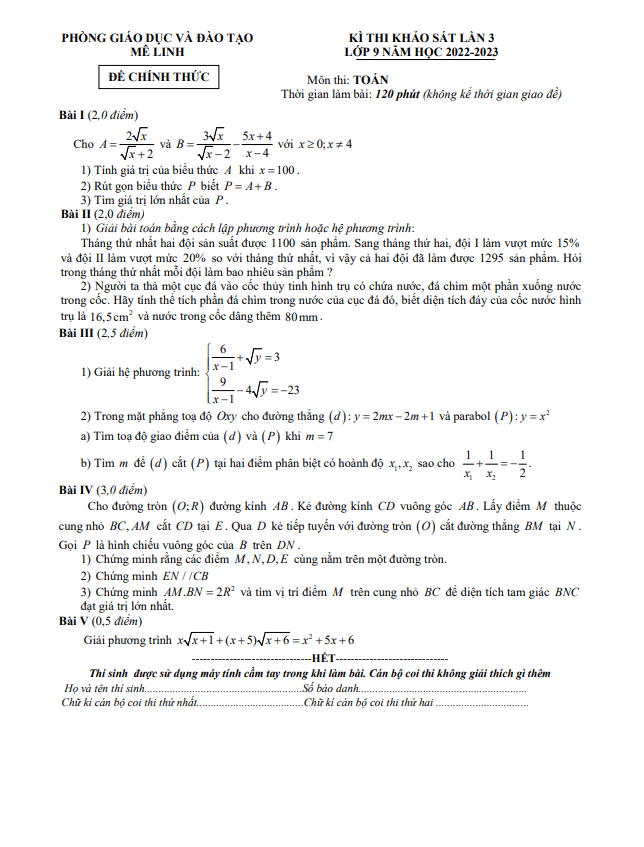 Đề khảo sát Toán 9 lần 3 năm 2022 – 2023 phòng GD&ĐT Mê Linh – Hà Nội
