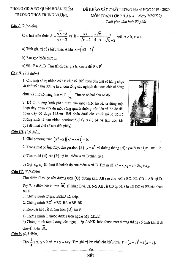 Đề khảo sát Toán 9 lần 4 năm 2019 – 2020 trường THCS Trưng Vương – Hà Nội