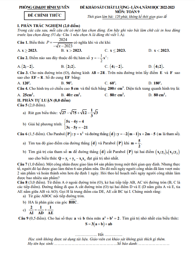 Đề khảo sát Toán 9 lần 4 năm 2022 – 2023 phòng GD&ĐT Bình Xuyên – Vĩnh Phúc