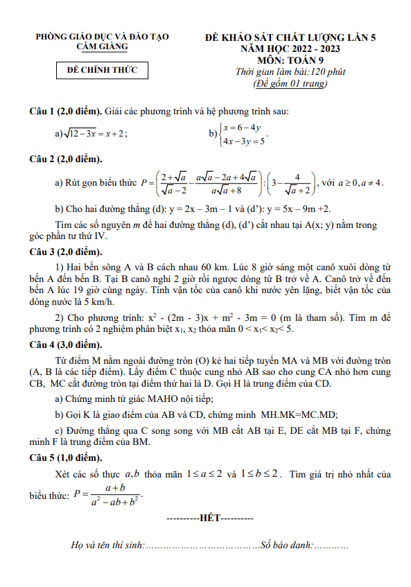 Đề khảo sát Toán 9 lần 5 năm 2022 – 2023 phòng GD&ĐT Cẩm Giàng – Hải Dương