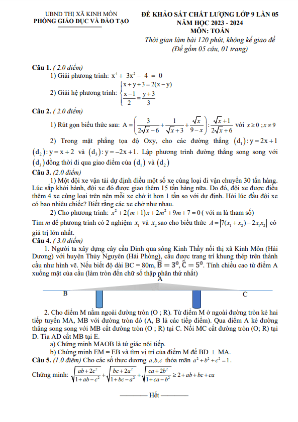 Đề khảo sát Toán 9 lần 5 năm 2023 – 2024 phòng GD&ĐT Kinh Môn – Hải Dương
