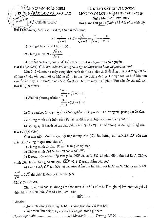 Đề khảo sát Toán 9 năm 2018 – 2019 phòng GD&ĐT Hoàn Kiếm – Hà Nội