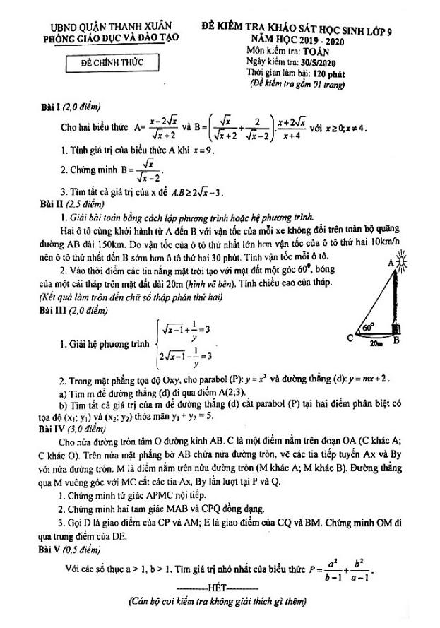Đề khảo sát Toán 9 năm 2019 – 2020 phòng GD&ĐT Thanh Xuân – Hà Nội