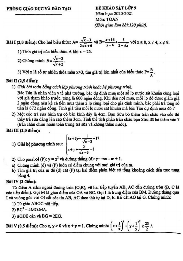 Đề khảo sát Toán 9 năm 2020 – 2021 phòng GD&ĐT Đông Anh – Hà Nội