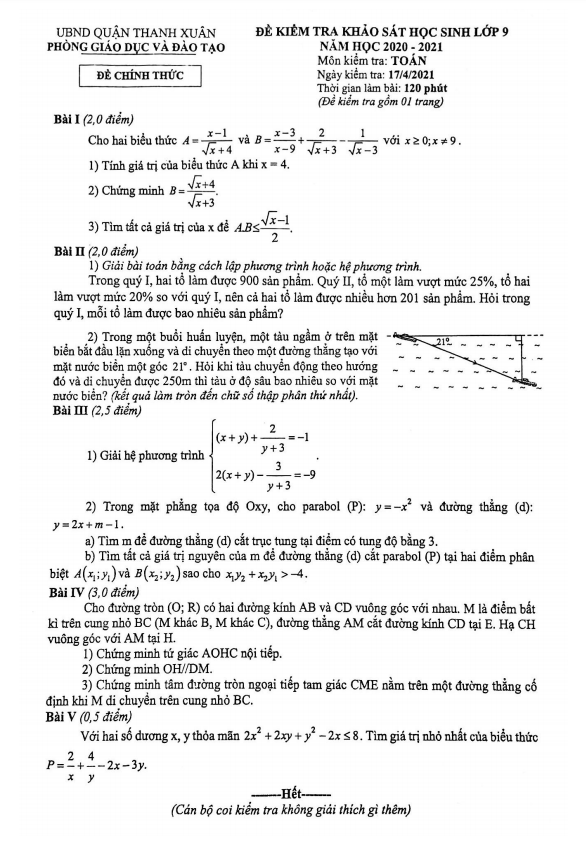 Đề khảo sát Toán 9 năm 2020 – 2021 phòng GD&ĐT Thanh Xuân – Hà Nội