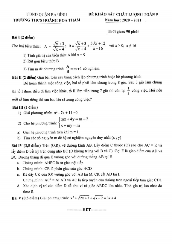Đề khảo sát Toán 9 năm 2020 – 2021 trường Hoàng Hoa Thám – Hà Nội