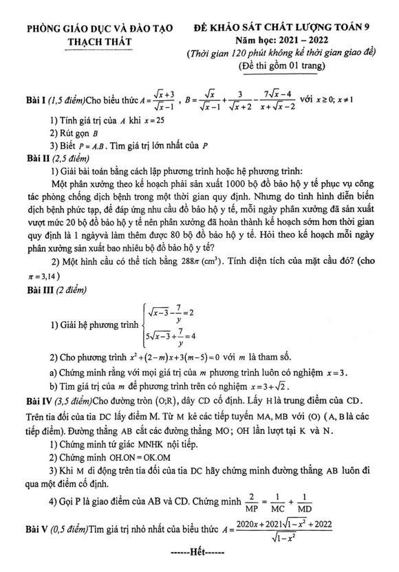 Đề khảo sát Toán 9 năm 2021 – 2022 phòng GD&ĐT Thạch Thất – Hà Nội