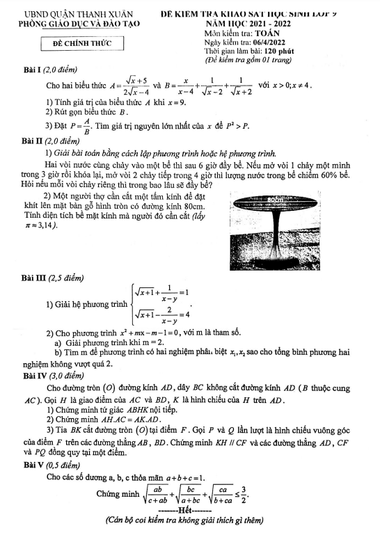 Đề khảo sát Toán 9 năm 2021 – 2022 phòng GD&ĐT Thanh Xuân – Hà Nội