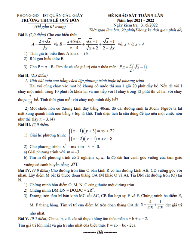 Đề khảo sát Toán 9 năm 2021 – 2022 trường THCS Lê Quý Đôn – Hà Nội