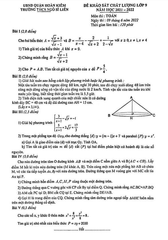 Đề khảo sát Toán 9 năm 2021 – 2022 trường THCS Ngô Sĩ Liên – Hà Nội
