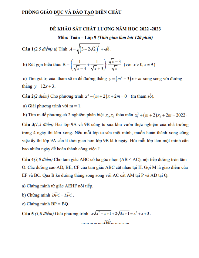 Đề khảo sát Toán 9 năm 2022 – 2023 phòng GD&ĐT Diễn Châu – Nghệ An