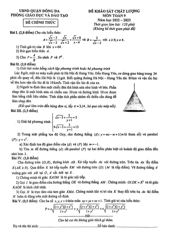 Đề khảo sát Toán 9 năm 2022 – 2023 phòng GD&ĐT Đống Đa – Hà Nội