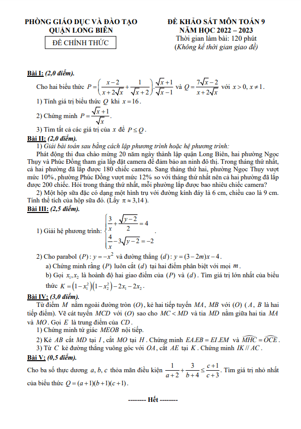 Đề khảo sát Toán 9 năm 2022 – 2023 phòng GD&ĐT Long Biên – Hà Nội